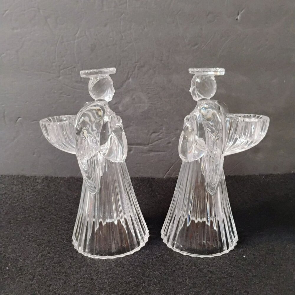 Large Vintage Crystal Angel Candle Holders, Set of 2, Glass Angels Candlesticks - Picture 3 of 10